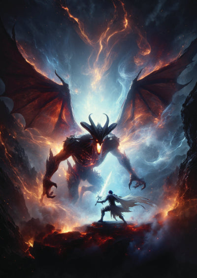 A lone warrior with a glowing blue sword faces a massive, fiery demon with horns, wings, and glowing red eyes in a dramatic fantasy battle. The scene is set in a volcanic landscape with swirling smoke, embers, and crackling energy in the sky, creating an intense and otherworldly atmosphere